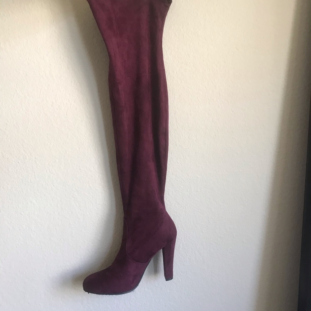 Maroon Knee High Faux Suede Boots